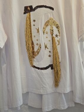 White Sequin & Gold Fringe Embellished Tee